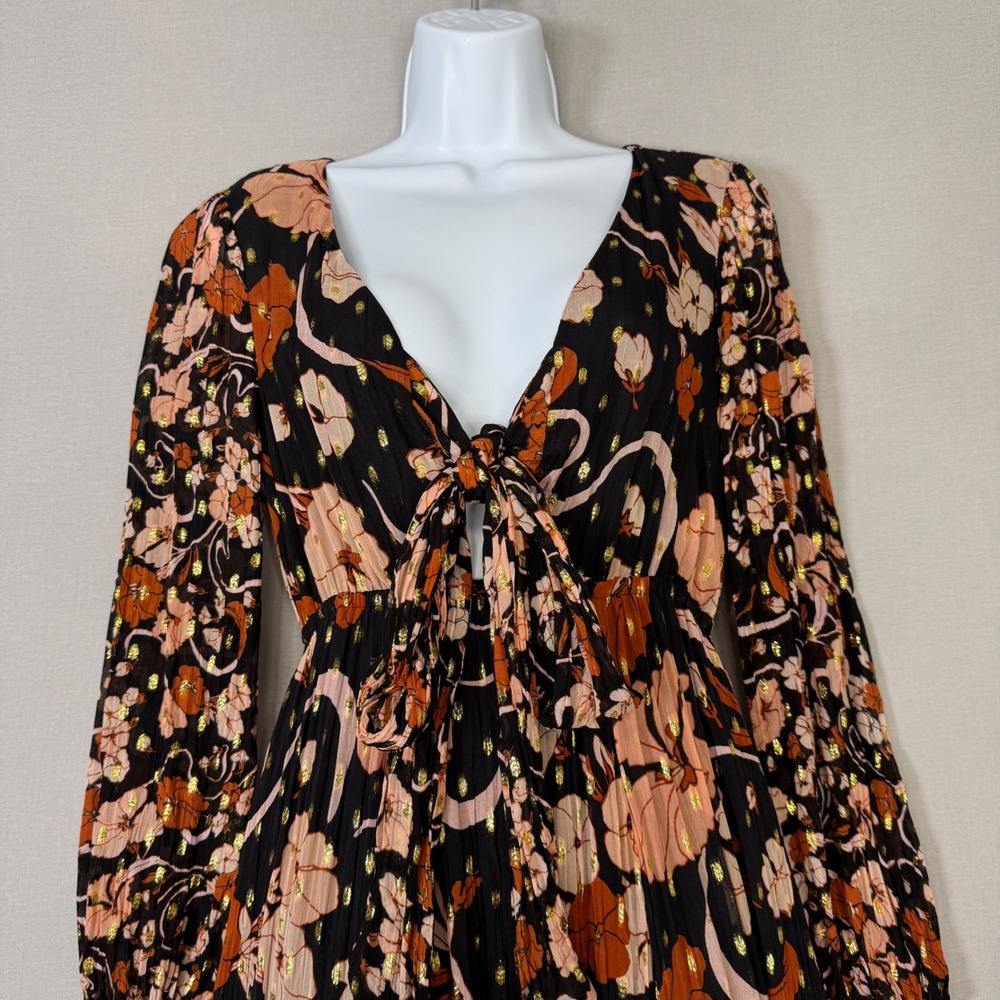 J.Crew Collection Tie-front Lurex Dress Womens XS Black Floral Metallic Sundress - Picture 3 of 16